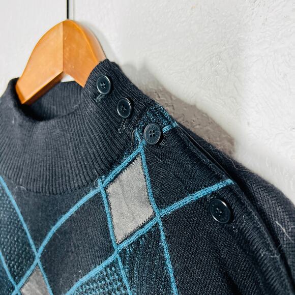 Vintage 80s Torras Leather Accent Argyle Sweater Mock Neck Side Button - 42 - Picture 5 of 10